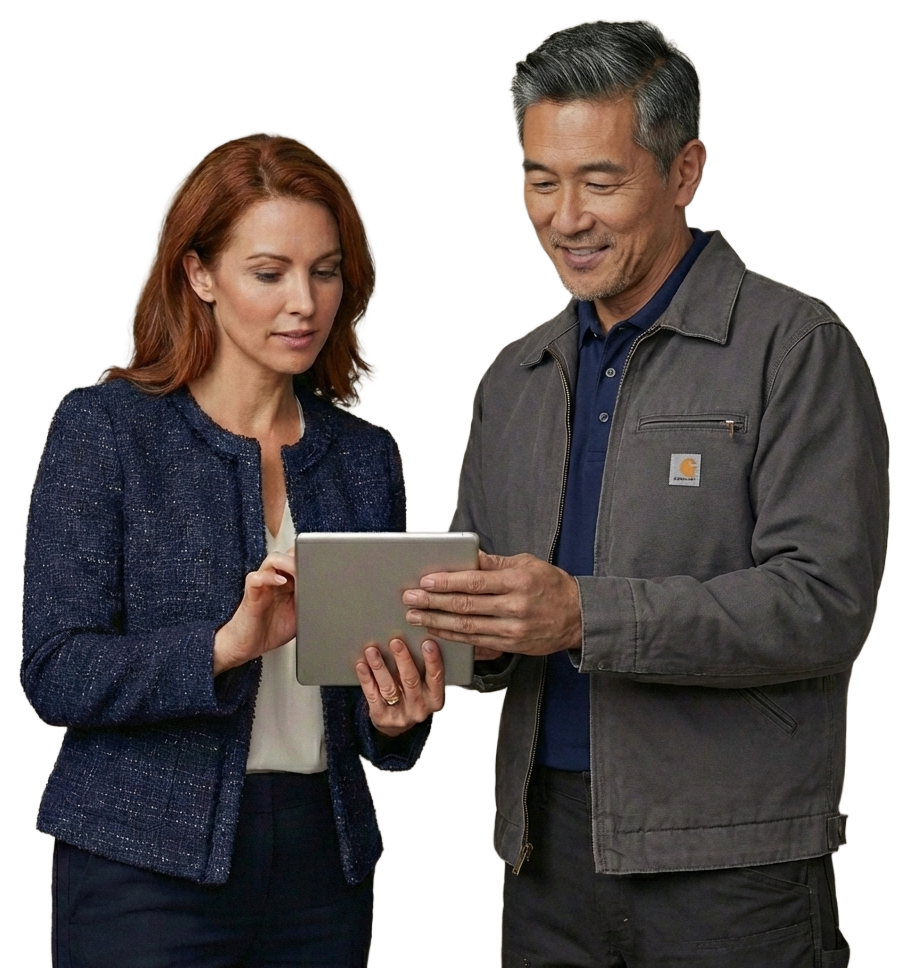 Two professionals reviewing information together, representing thoughtful marketing decisions and collaboration Two professionals reviewing information together, representing thoughtful marketing decisions and collaboration